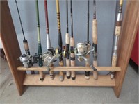 Eight Fishing Poles, 5 Reels and Rack, no shipping