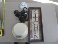 Kitchen Scale, Timer, Cups and Sign