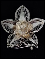 Sterling Silver Filigree Flower Brooch