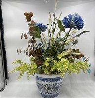 Blue & White Painted Planter w/ Floral Decor