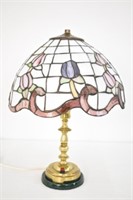 BRASS LAMP WITH STAINED GLASS SHADE