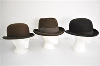 3 HATS -BROWN &  BLACK DERBY & A FEDORA - SIZE 7.5