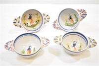 4 QUIMPER HENRIOT FRENCH FAIENCE HANDLED BOWLS