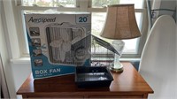 Box Fan, Small Bird Cage, Etched Glass Lamp