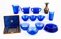 Vintage Cobalt Blue Dish Set & Dessert Sands Vase