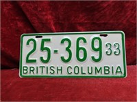 1933:British Columbia Canada license plate.
