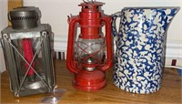 Spatterware Picture, Tin Lantern, Winged Wheel