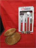 Grilling tool set, wicker paper plate holders.