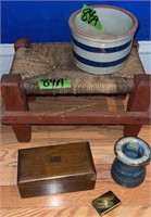 Primitive Foot Stool, Dresser Box With Matches,