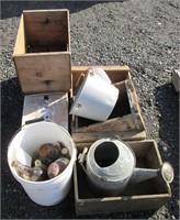 Wood Crates, Watering Can, Glass Bottles & Misc