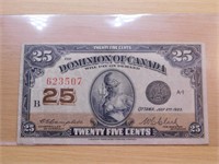 Monnaie Canada 25cent papier 1923 Dc 24d E.F
