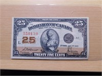 Monnaie Canada 25cent papier 1923 Dc 24c E.F
