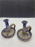 Signed Brown Pottery Candle Holders