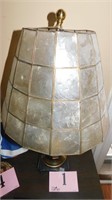 BRASS TABLE LAMP, SHADE CRACKED