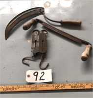 2 Antique scales, Small Scythe and Draw Knife