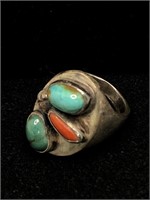Sterling Silver with Real Turquoise & Coral Ring