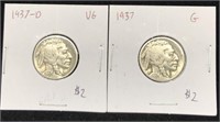 Pair of Vintage Buffalo Nickel coins graded VG