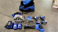 Kobalt tool bag and 4-tools, 4 batteries & charger