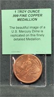.999 1 troy ounce fine copper Medallion