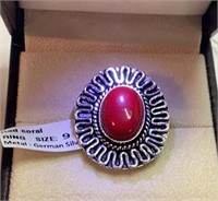 Red Coral Ring Size 9 German Silver
