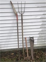 FOUR TOOLS POLE SAW PITCHFORK AXE AND HAND SAW