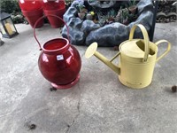 Yellow Water Can & Red Yard Decor