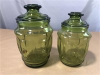 MID CENTURY MODERN AVOCADO GLASS CANISTERS 8” AND