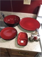 Red Stoneware Bowls & Shakers (5) PCS