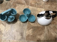 Water Kettle & Blue Flatware Holder & Sauce Holder