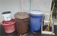 2 Outdoor Trashcans, Buckets, & Garden Hose Reel