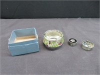 OPEN SALT CELLAR & 2 SMALL INLAID PILL BOXES