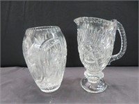 CRYSTAL VASE & PITCHER (APPROX 10" HIGH)