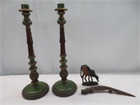 PAIR WOODEN CANDLE STICKS & 2 ANIMAL FIGURES