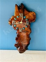 12" Burlwood clock w/ turquoes & brass accents