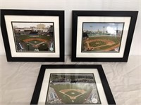 Three framed prints of baseball stadiums: Yankee