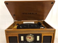 Victrola record player, CD, cassette, and radio