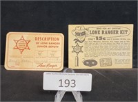 1930s The Lone Ranger Kit Registration & Member ID