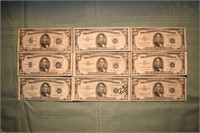 9 US $5 Silver Certificates: series of 1934A, 1934