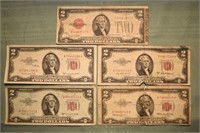 5 US $2 Notes: series of 1928G, 1953A, 1953B(2), 1