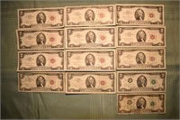 13 US $2 Notes: Series 1963(11), 1976(2)