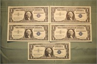 5 crisp US $1 Silver Certificates series 1957B, nu