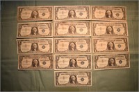 13 US $1 Silver Certificates: series 1957(4), 1957