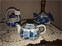 (3) Blue/White Oriental Tea Pots