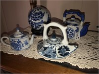 (3) Blue Oriental Tea Pots & Vase