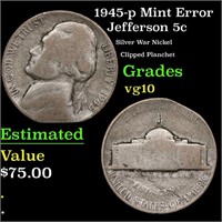 1945-p Jefferson Nickel Mint Error 5c Grades vg+