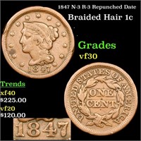 1847 Braided Hair Large Cent N-3 R-3 Repunched Dat