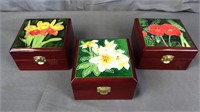 3 Decorative Floral Wood And Enamel Boxes