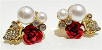 Fabulous Red Rose & Pearl Earrings Pair