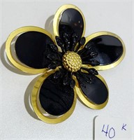 Large Black Flower & Gold tone Brooch Jewelry
