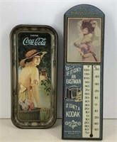 * Vtg Coca- Cola tray & wooden Kodak thermometer